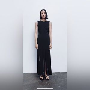 ZARA NEW WOMAN LONG FRINGED DRESS BLACK S,M,L 4770/027